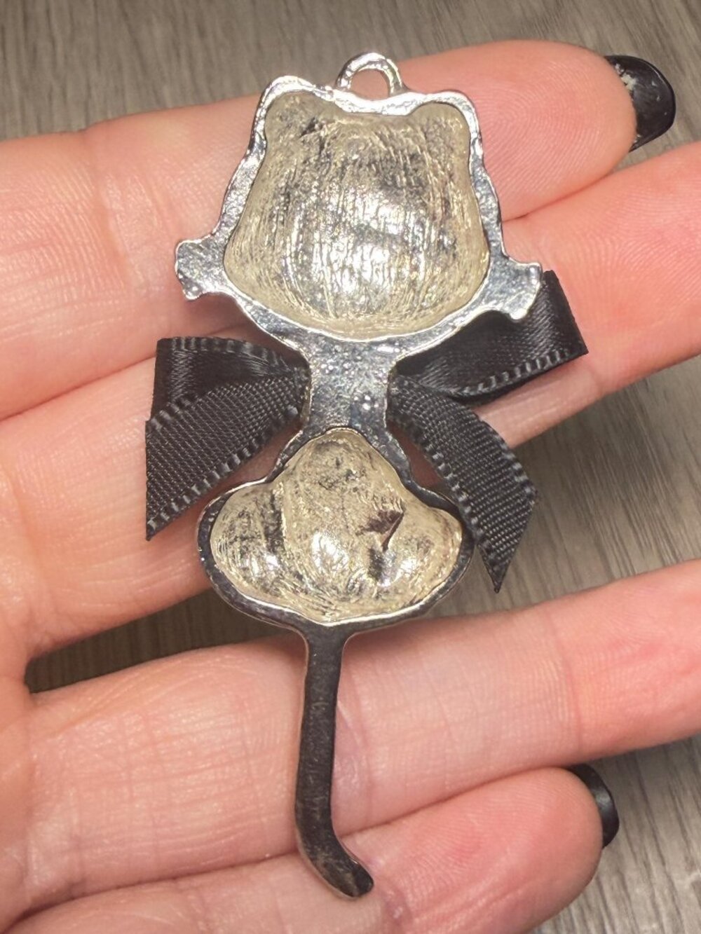 Cat Pendant OOAK Vintage Rhinestone  Black Bow Kitty Charm Silver Tone 2.5" - Picture 6 of 7